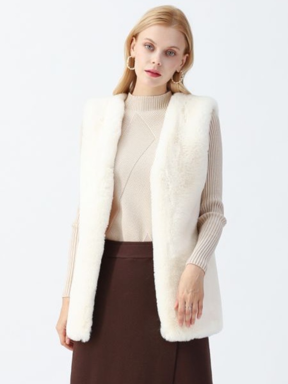 Ivory Faux Long Fur Vest - Sleeveless Plush Layer w/ pockets